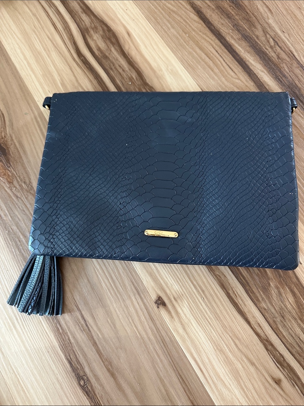 Gigi new york Black Embossed Faux-Snake Clutch with Tassel